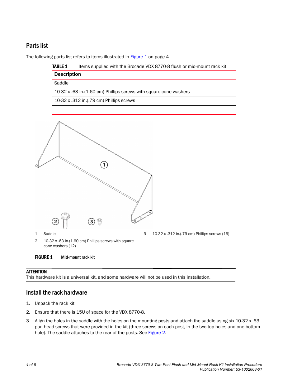 Parts list, Install the rack hardware | Brocade VDX 8770-8 Two-Post Flush and Mid-Mount Rack Kit Installation Procedure User Manual | Page 4 / 8
