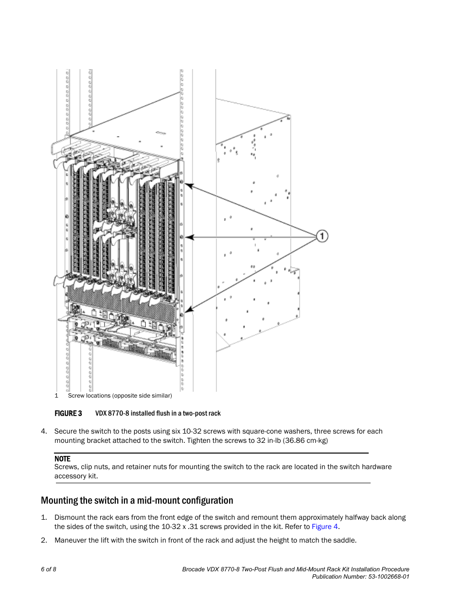 Mounting the switch in a mid-mount configuration | Brocade VDX 8770-8 Two-Post Flush and Mid-Mount Rack Kit Installation Procedure User Manual | Page 6 / 8