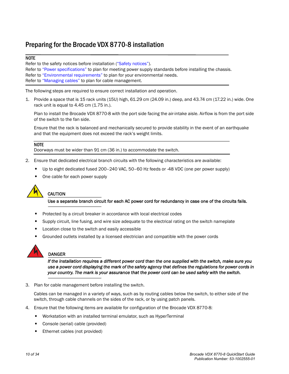 Preparing for the brocade vdx 8770-8 installation | Brocade VDX 8770-8 QuickStart Guide User Manual | Page 10 / 34