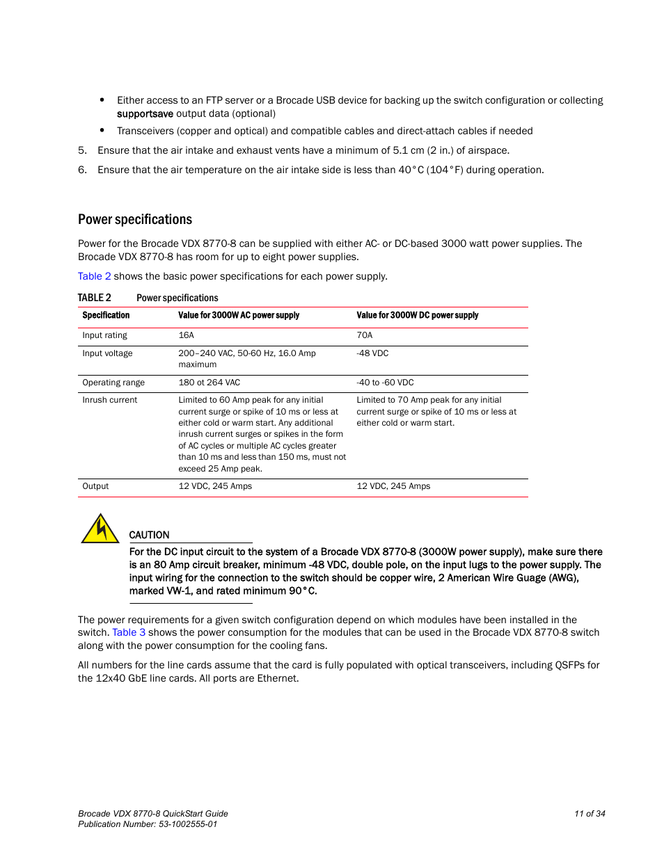 Power specifications | Brocade VDX 8770-8 QuickStart Guide User Manual | Page 11 / 34