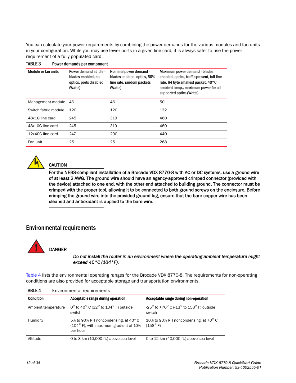 Environmental requirements | Brocade VDX 8770-8 QuickStart Guide User Manual | Page 12 / 34