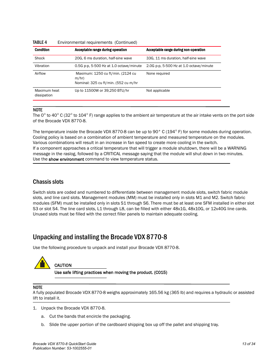 Chassis slots, Unpacking and installing the brocade vdx 8770-8 | Brocade VDX 8770-8 QuickStart Guide User Manual | Page 13 / 34