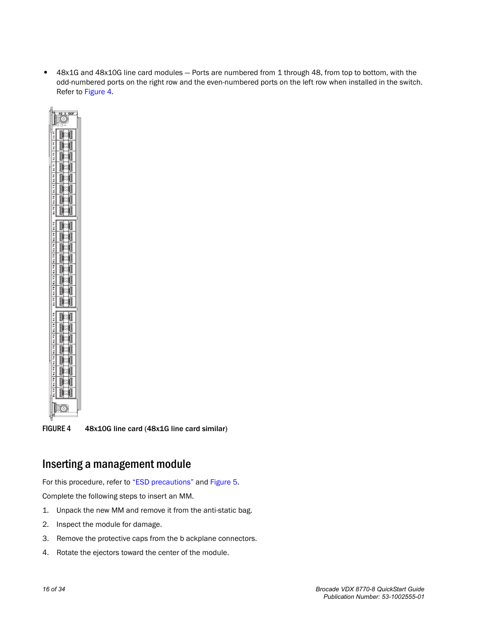 Inserting a management module | Brocade VDX 8770-8 QuickStart Guide User Manual | Page 16 / 34