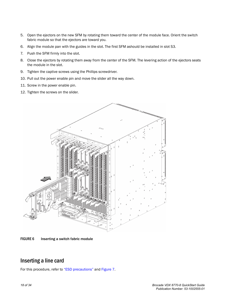 Inserting a line card, Figure 6 | Brocade VDX 8770-8 QuickStart Guide User Manual | Page 18 / 34