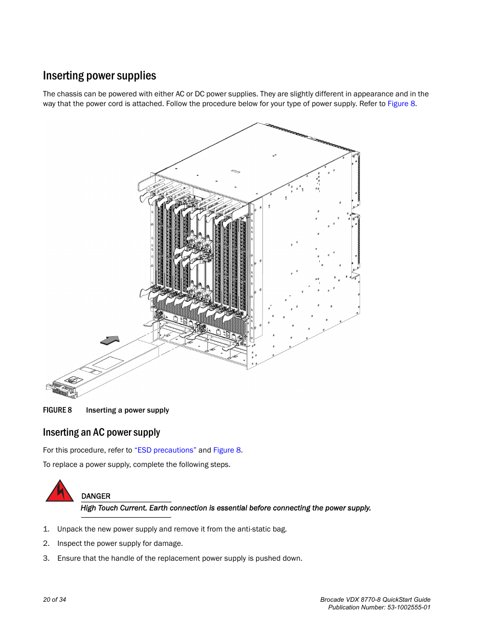 Inserting power supplies, Inserting an ac power supply | Brocade VDX 8770-8 QuickStart Guide User Manual | Page 20 / 34