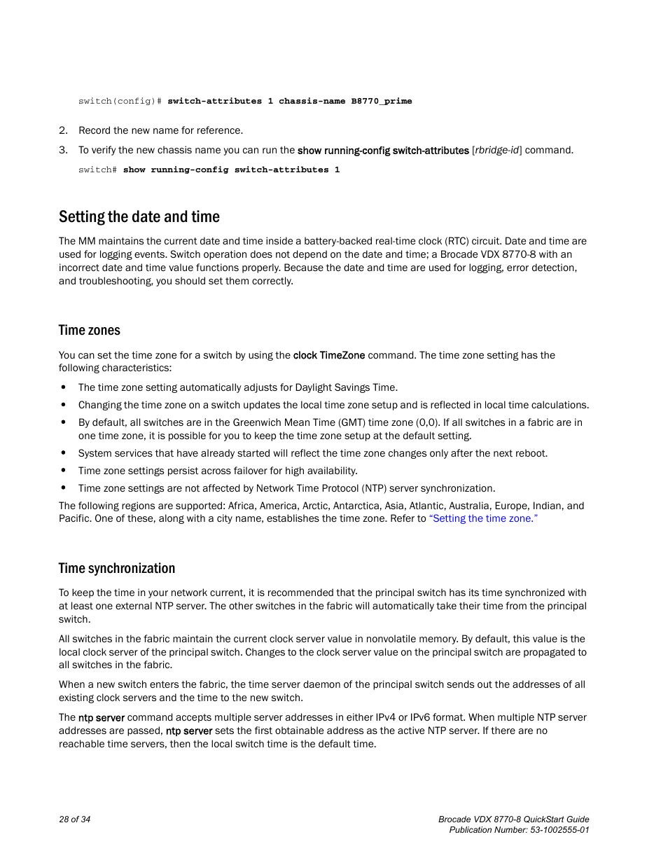 Setting the date and time, Time zones, Time synchronization | Brocade VDX 8770-8 QuickStart Guide User Manual | Page 28 / 34