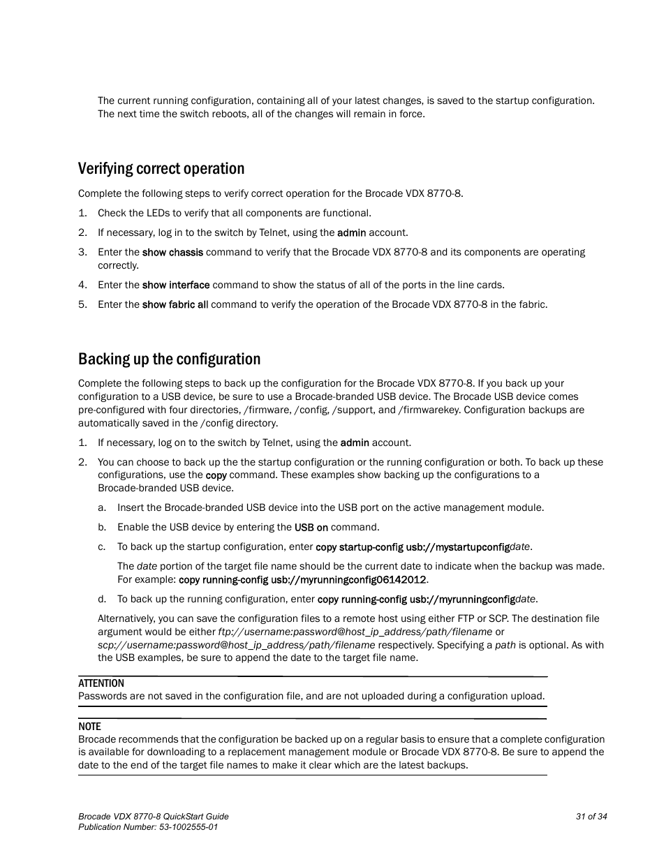 Verifying correct operation, Backing up the configuration | Brocade VDX 8770-8 QuickStart Guide User Manual | Page 31 / 34