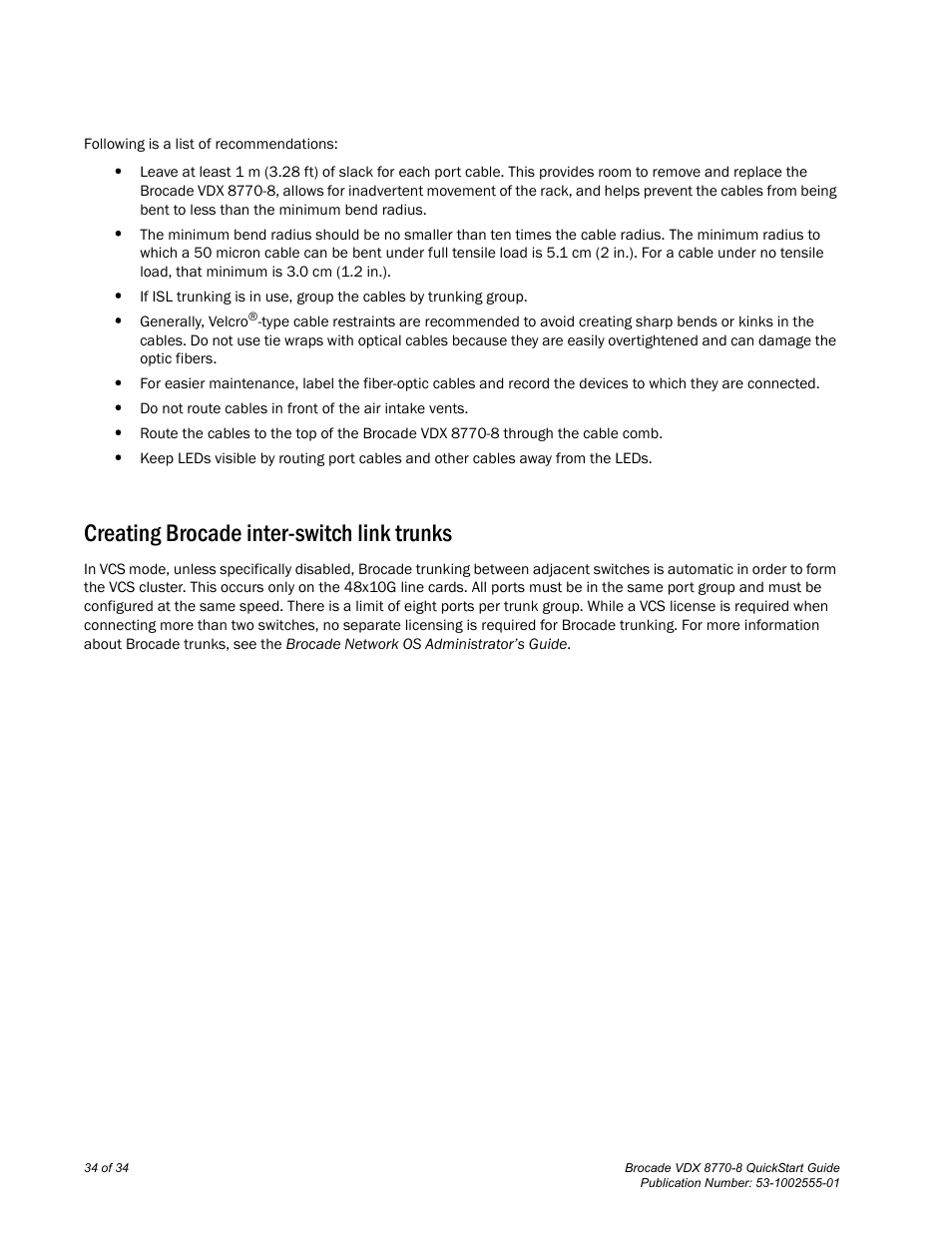 Creating brocade inter-switch link trunks | Brocade VDX 8770-8 QuickStart Guide User Manual | Page 34 / 34