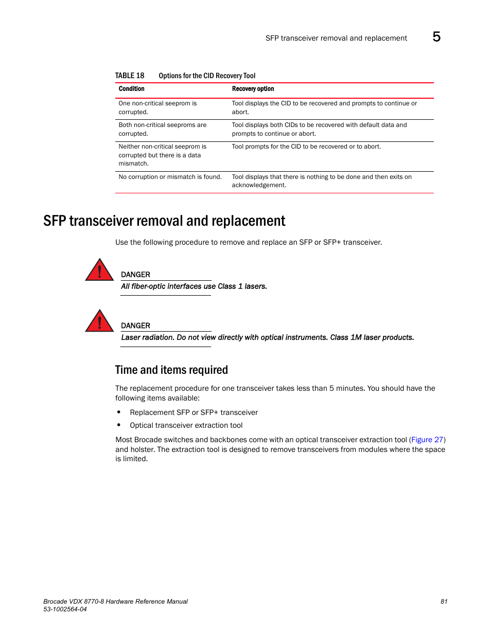 Sfp transceiver removal and replacement, Time and items required, Table 18 | Brocade VDX 8770-8 Hardware Reference Manual User Manual | Page 101 / 136