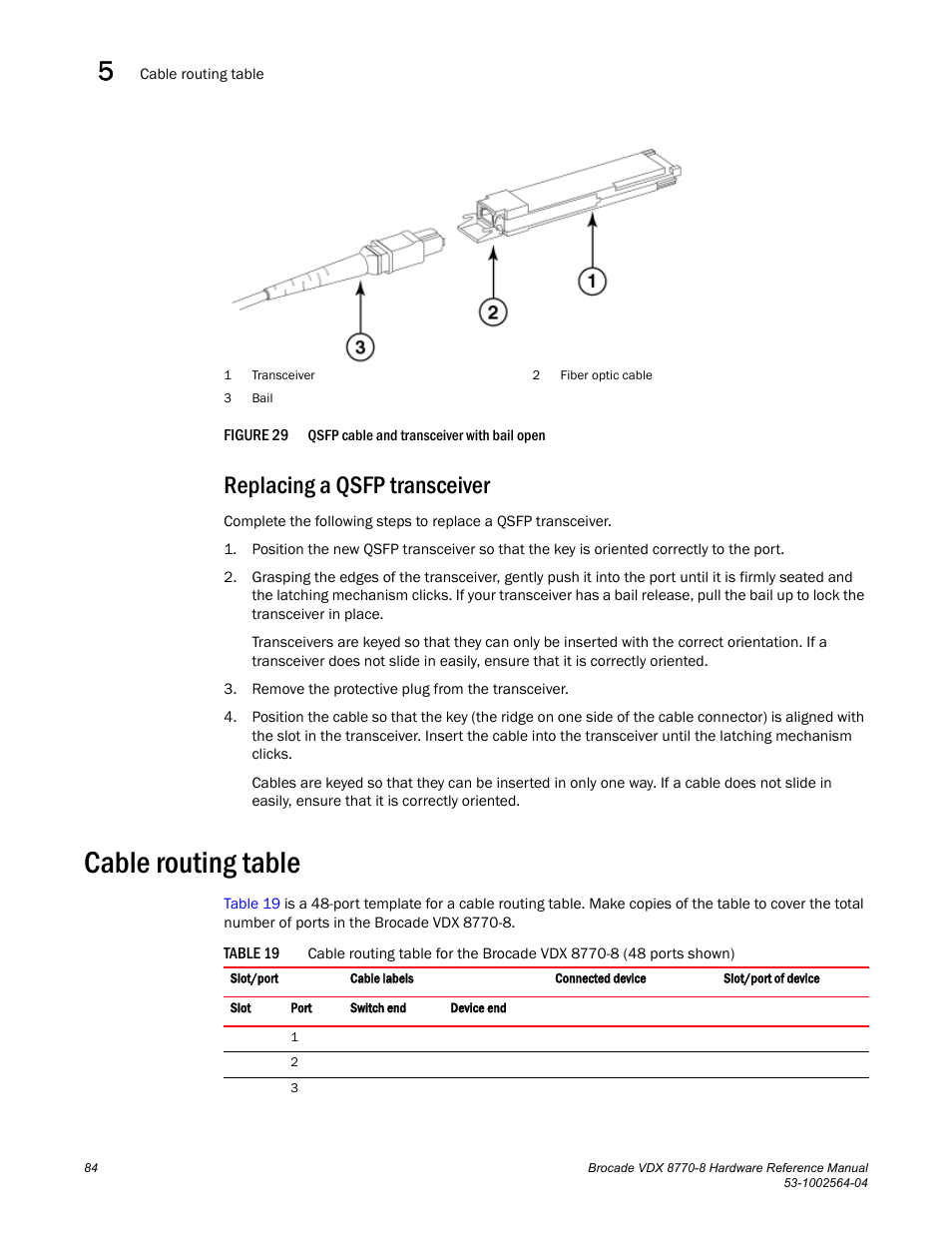 Replacing a qsfp transceiver, Cable routing table, Figure 29 | Table 19, Cable, Routing table, N in | Brocade VDX 8770-8 Hardware Reference Manual User Manual | Page 104 / 136