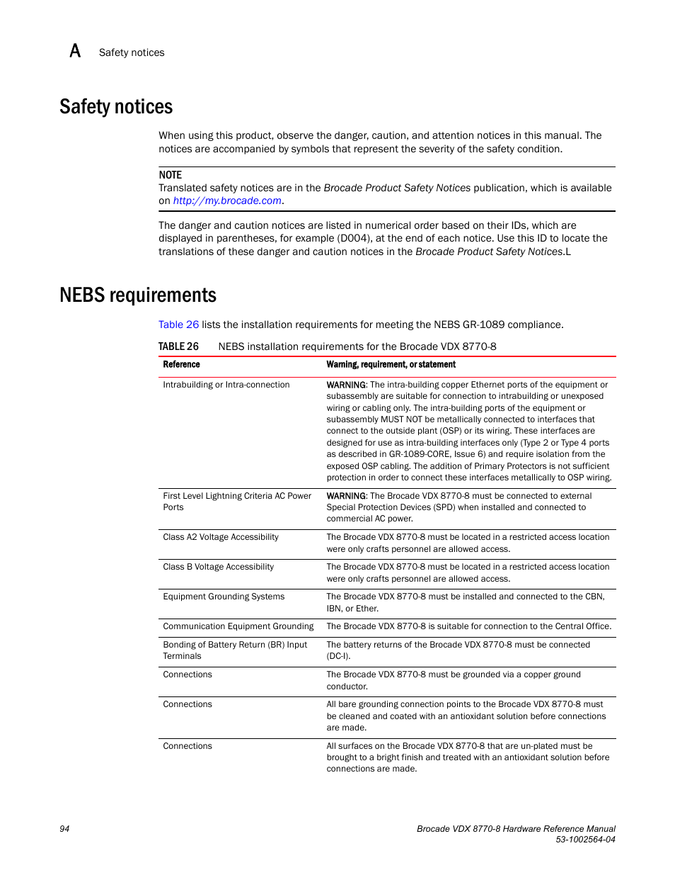 Safety notices, Nebs requirements, Table 26 | Brocade VDX 8770-8 Hardware Reference Manual User Manual | Page 114 / 136