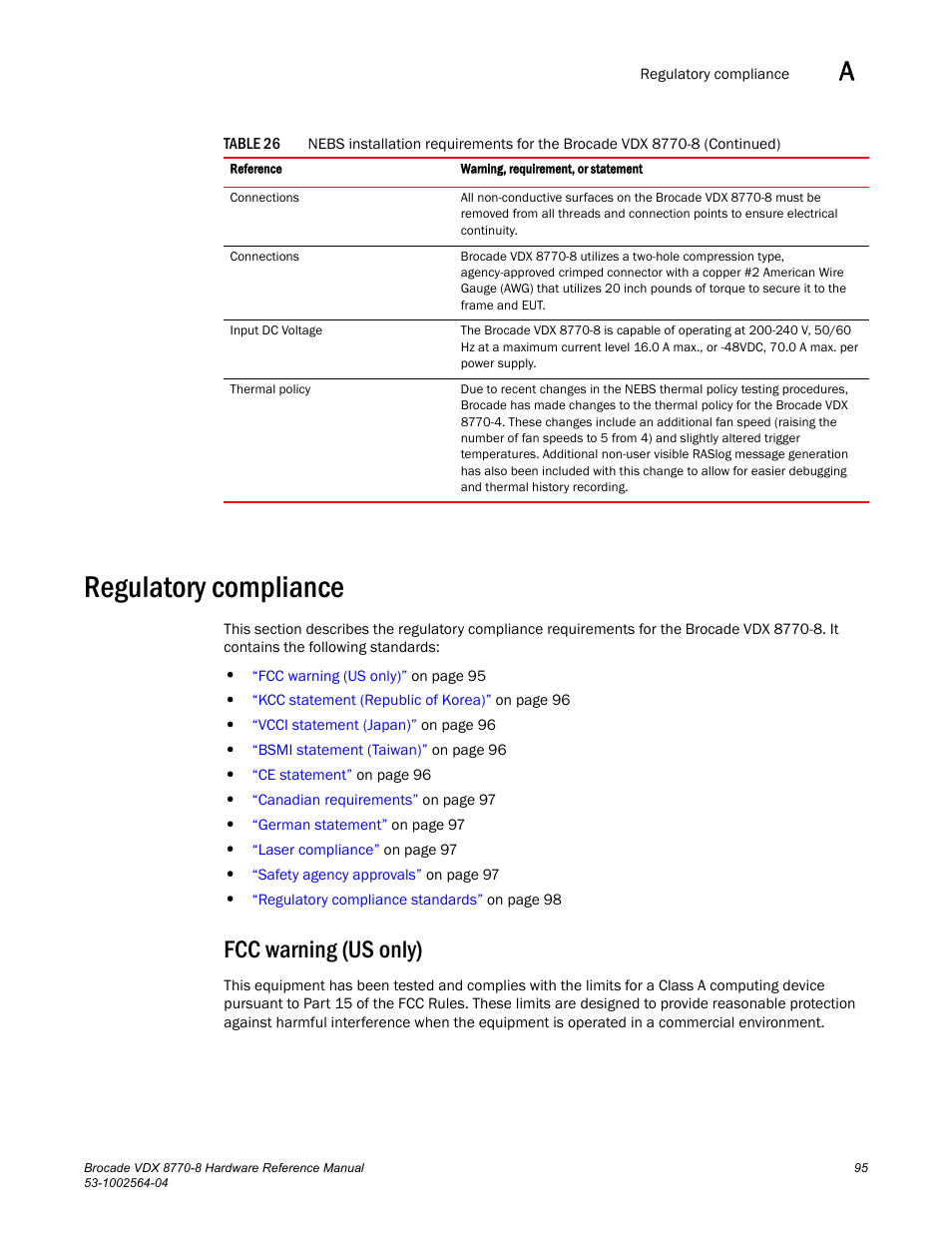 Regulatory compliance, Fcc warning (us only) | Brocade VDX 8770-8 Hardware Reference Manual User Manual | Page 115 / 136