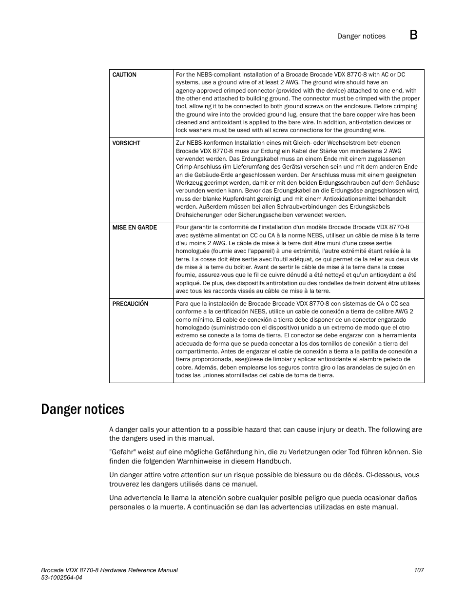 Danger notices | Brocade VDX 8770-8 Hardware Reference Manual User Manual | Page 127 / 136
