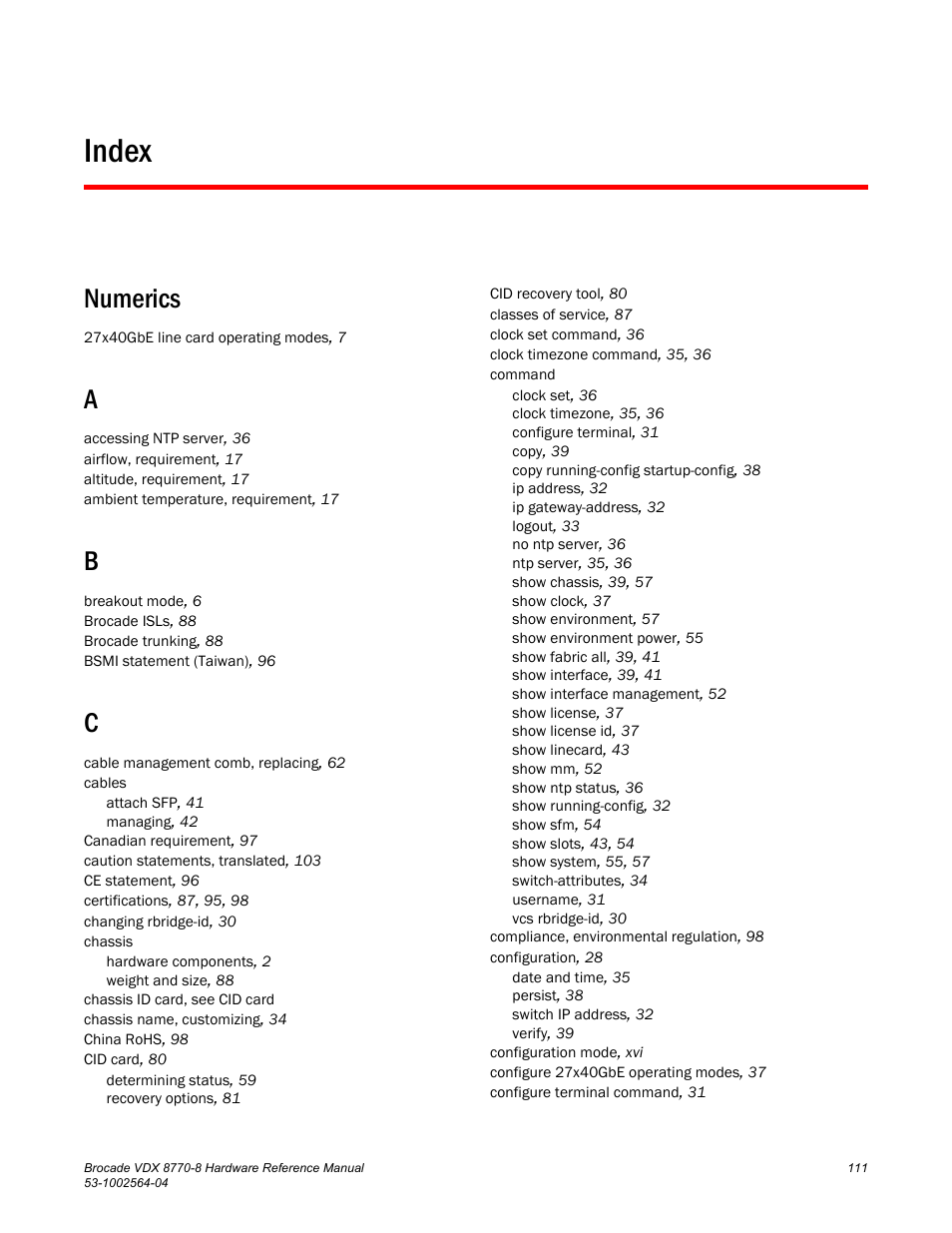 Index, Numerics | Brocade VDX 8770-8 Hardware Reference Manual User Manual | Page 131 / 136