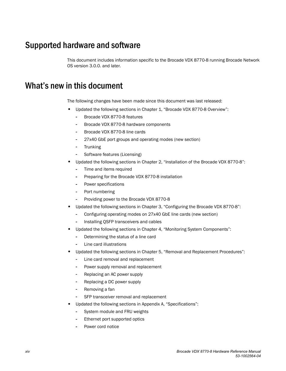 Supported hardware and software, What’s new in this document | Brocade VDX 8770-8 Hardware Reference Manual User Manual | Page 14 / 136