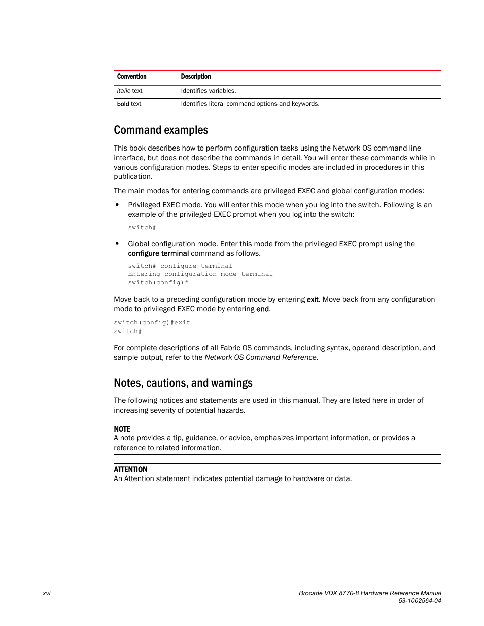 Command examples, Notes, cautions, and warnings | Brocade VDX 8770-8 Hardware Reference Manual User Manual | Page 16 / 136