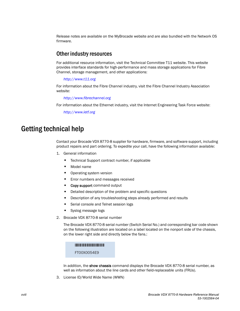 Other industry resources, Getting technical help | Brocade VDX 8770-8 Hardware Reference Manual User Manual | Page 18 / 136