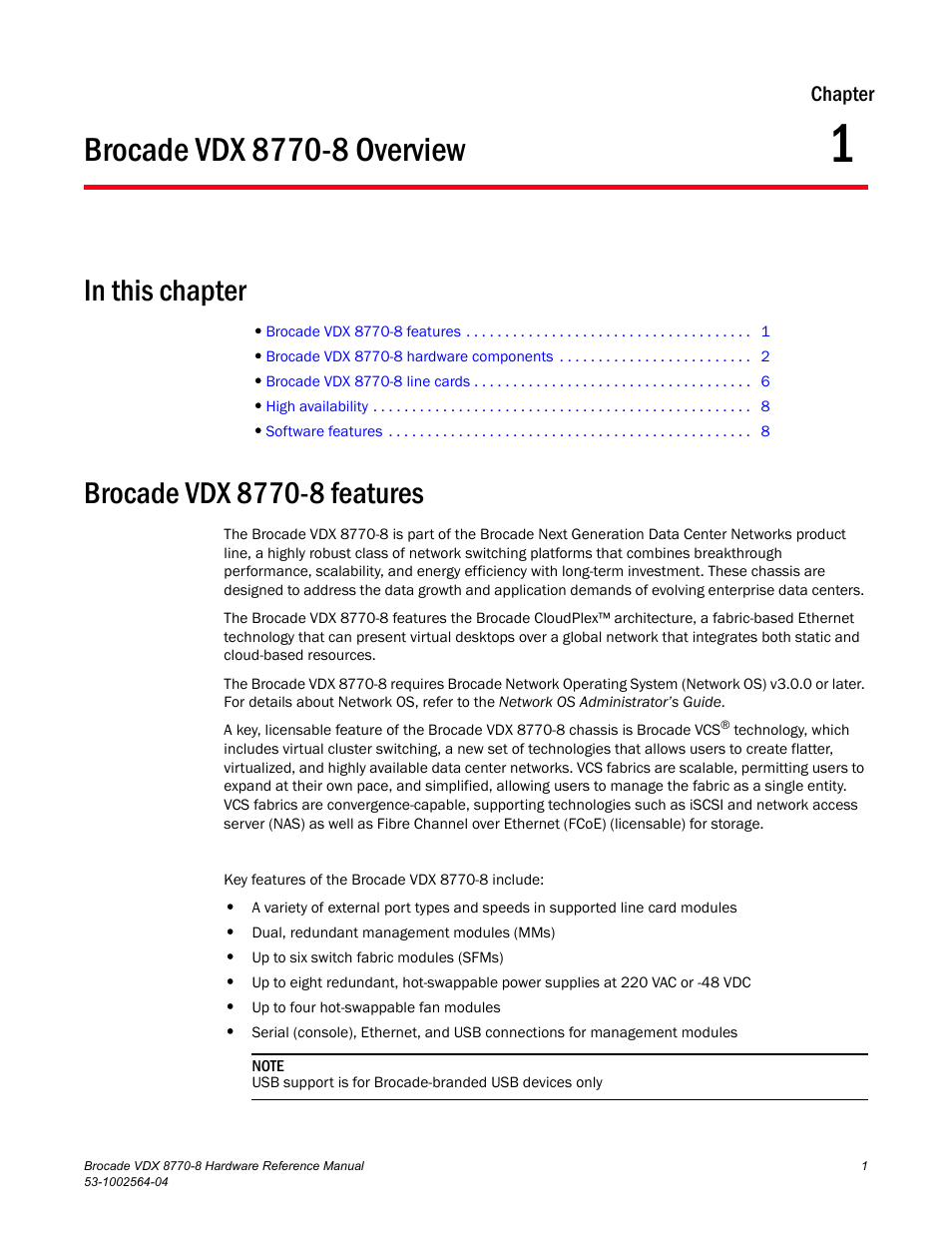 Brocade vdx 8770-8 overview, In this chapter, Brocade vdx 8770-8 features | Chapter 1, Chapter 1, “brocade vdx 8770-8 overview | Brocade VDX 8770-8 Hardware Reference Manual User Manual | Page 21 / 136