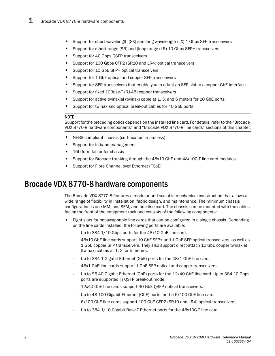 Brocade vdx 8770-8 hardware components, Hardware components | Brocade VDX 8770-8 Hardware Reference Manual User Manual | Page 22 / 136