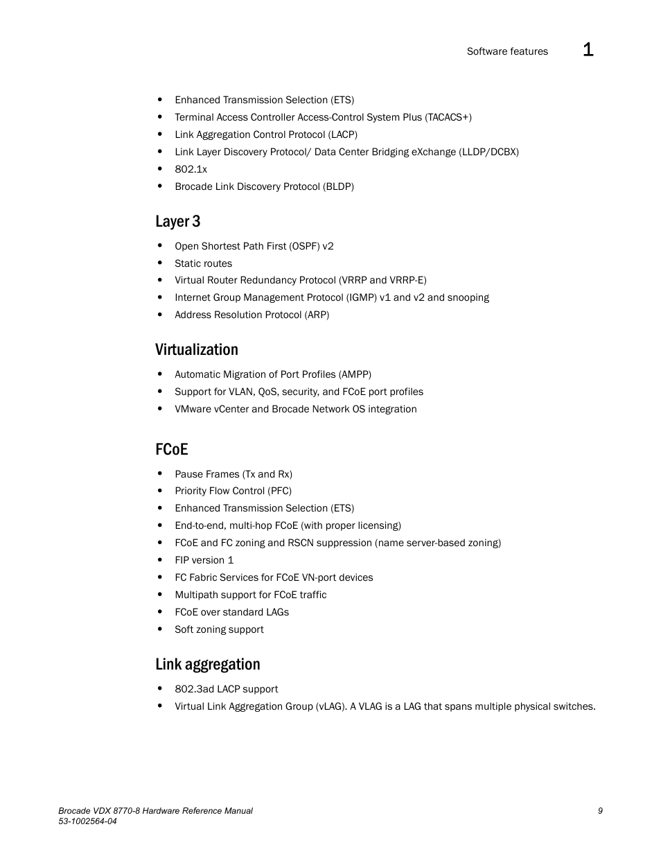 Layer 3, Virtualization, Fcoe | Link aggregation, Layer 3 virtualization fcoe link aggregation | Brocade VDX 8770-8 Hardware Reference Manual User Manual | Page 29 / 136