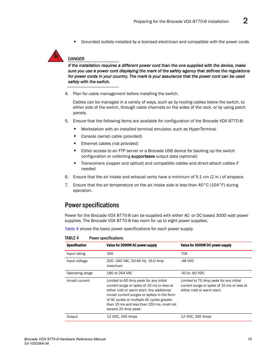 Power specifications, Table 4 | Brocade VDX 8770-8 Hardware Reference Manual User Manual | Page 35 / 136