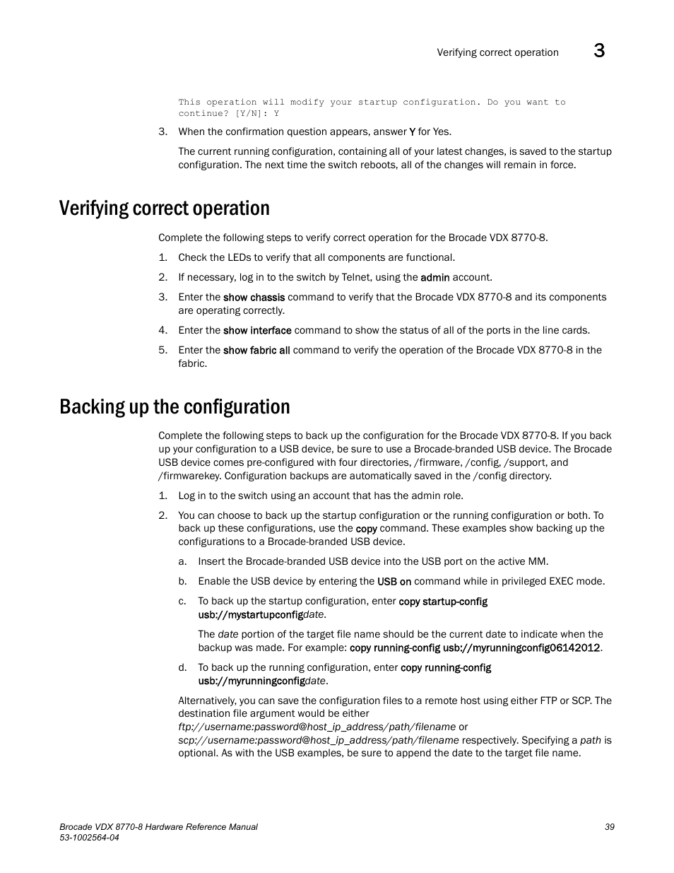 Verifying correct operation, Backing up the configuration | Brocade VDX 8770-8 Hardware Reference Manual User Manual | Page 59 / 136