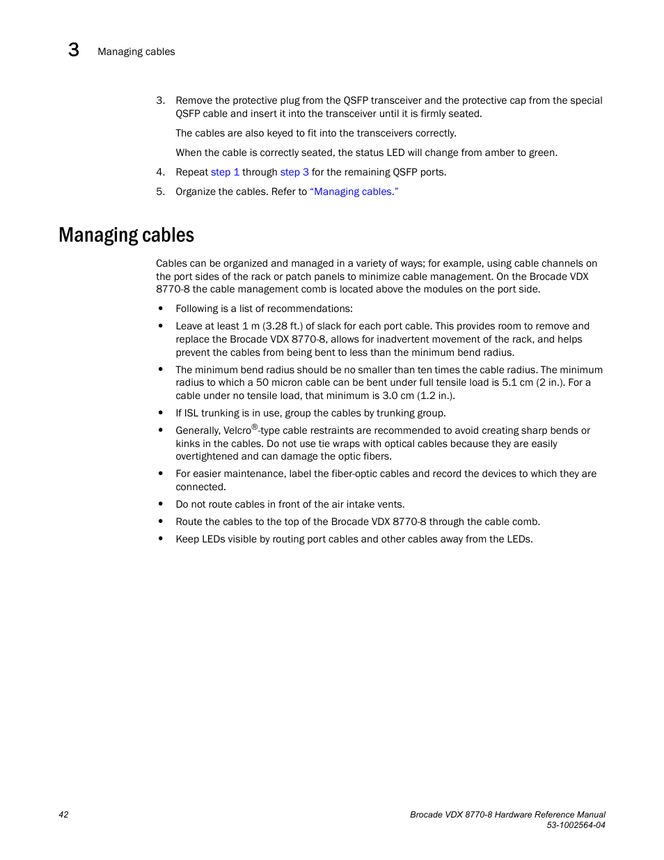 Managing cables | Brocade VDX 8770-8 Hardware Reference Manual User Manual | Page 62 / 136