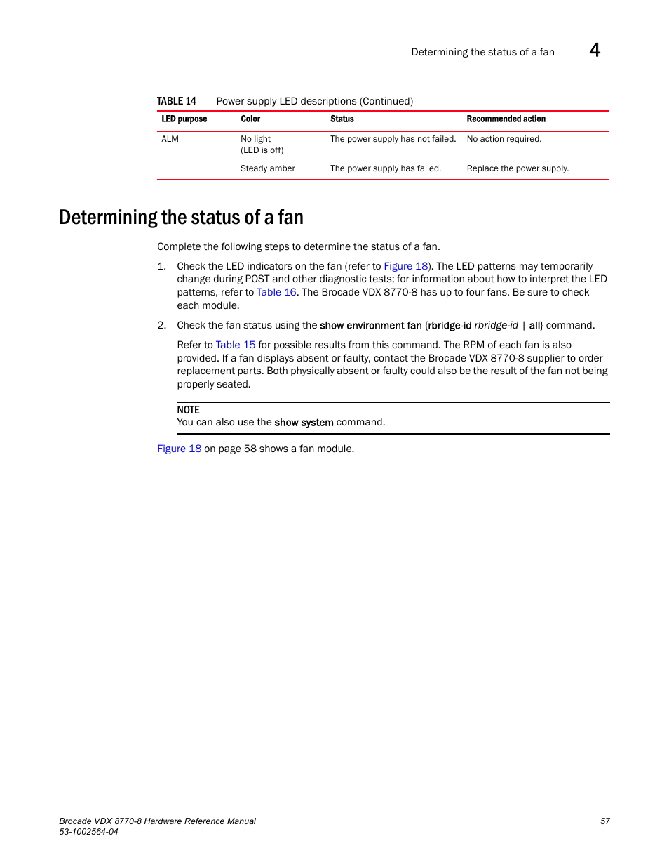 Determining the status of a fan | Brocade VDX 8770-8 Hardware Reference Manual User Manual | Page 77 / 136