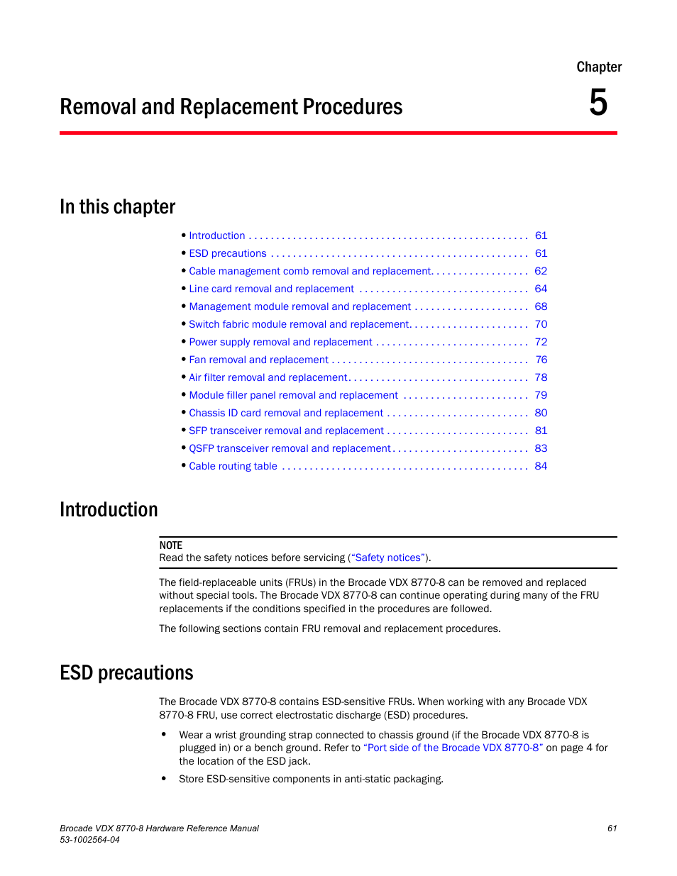 Removal and replacement procedures, In this chapter, Introduction | Esd precautions, Chapter 5, Chapter 5, “removal and replacement procedures | Brocade VDX 8770-8 Hardware Reference Manual User Manual | Page 81 / 136
