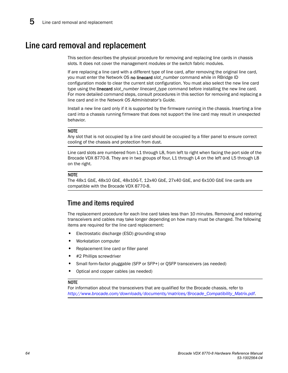 Line card removal and replacement, Time and items required | Brocade VDX 8770-8 Hardware Reference Manual User Manual | Page 84 / 136