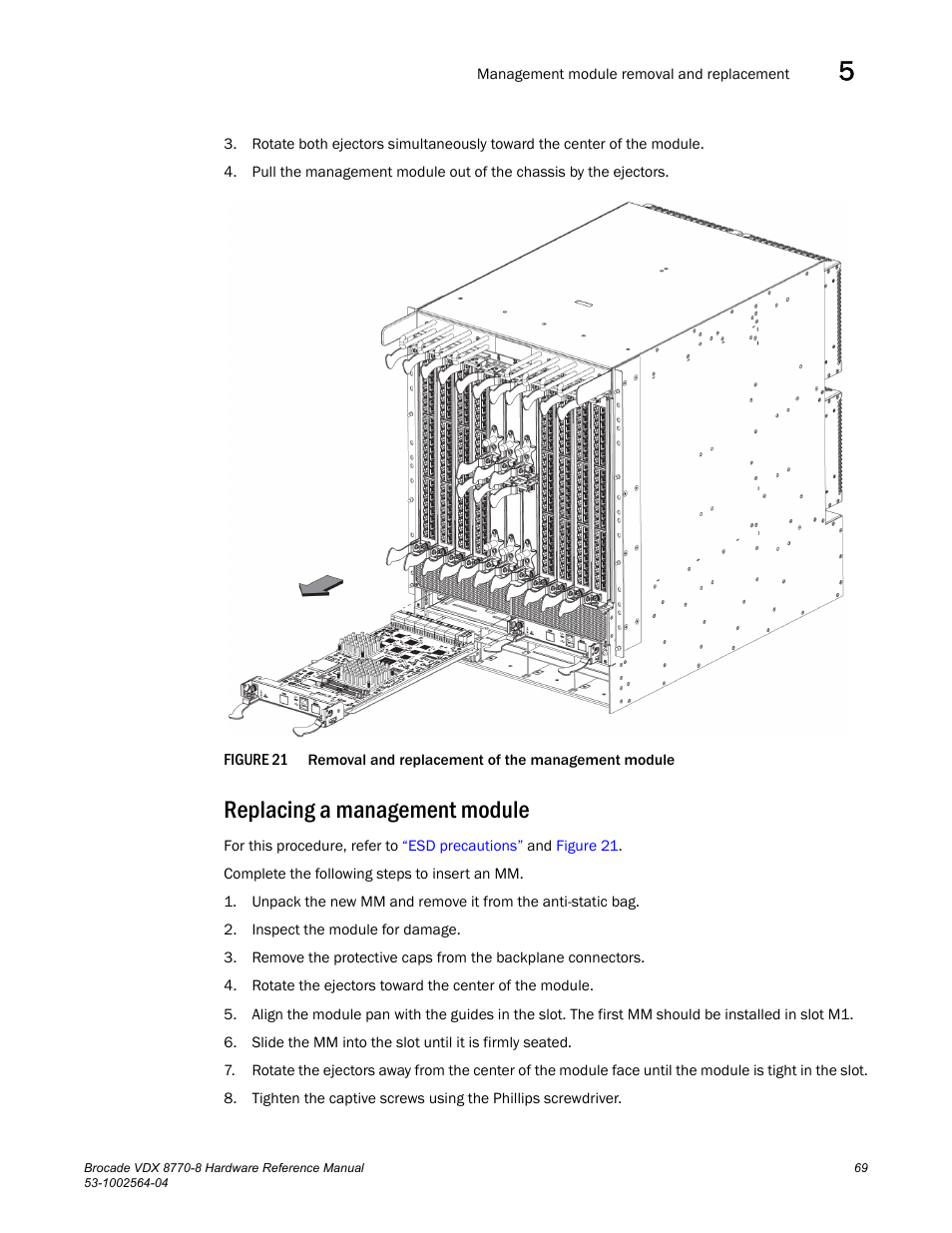 Replacing a management module, Figure 21, Removal and replace | Brocade VDX 8770-8 Hardware Reference Manual User Manual | Page 89 / 136