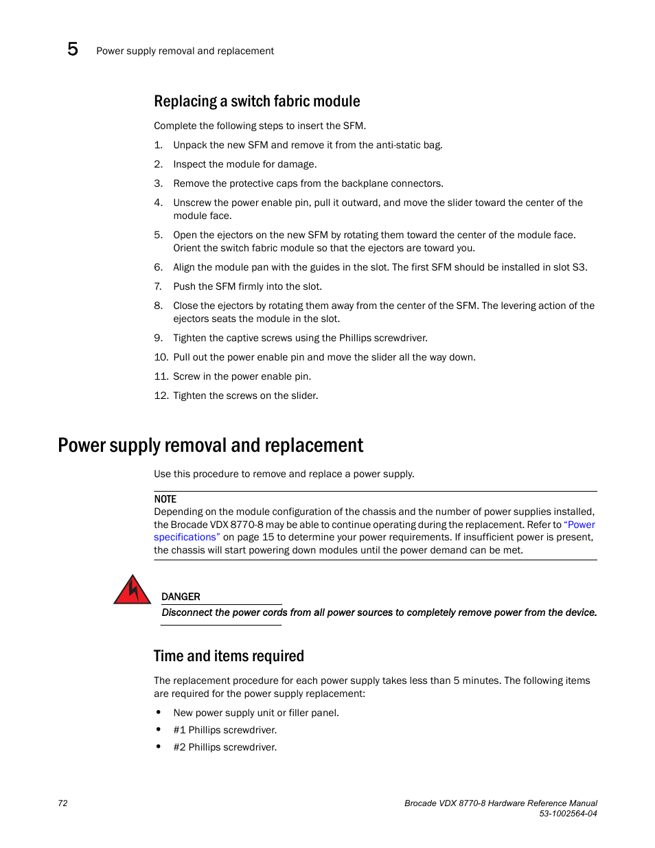 Replacing a switch fabric module, Power supply removal and replacement, Time and items required | Brocade VDX 8770-8 Hardware Reference Manual User Manual | Page 92 / 136