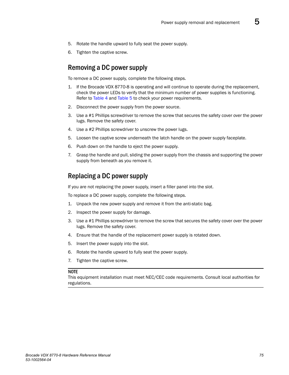 Removing a dc power supply, Replacing a dc power supply | Brocade VDX 8770-8 Hardware Reference Manual User Manual | Page 95 / 136
