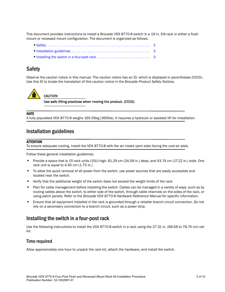 Safety, Installation guidelines, Installing the switch in a four-post rack | Time required | Brocade VDX 8770-8 Four-Post Flush and Recessed Mount Rack Kit Installation Procedure User Manual | Page 3 / 10