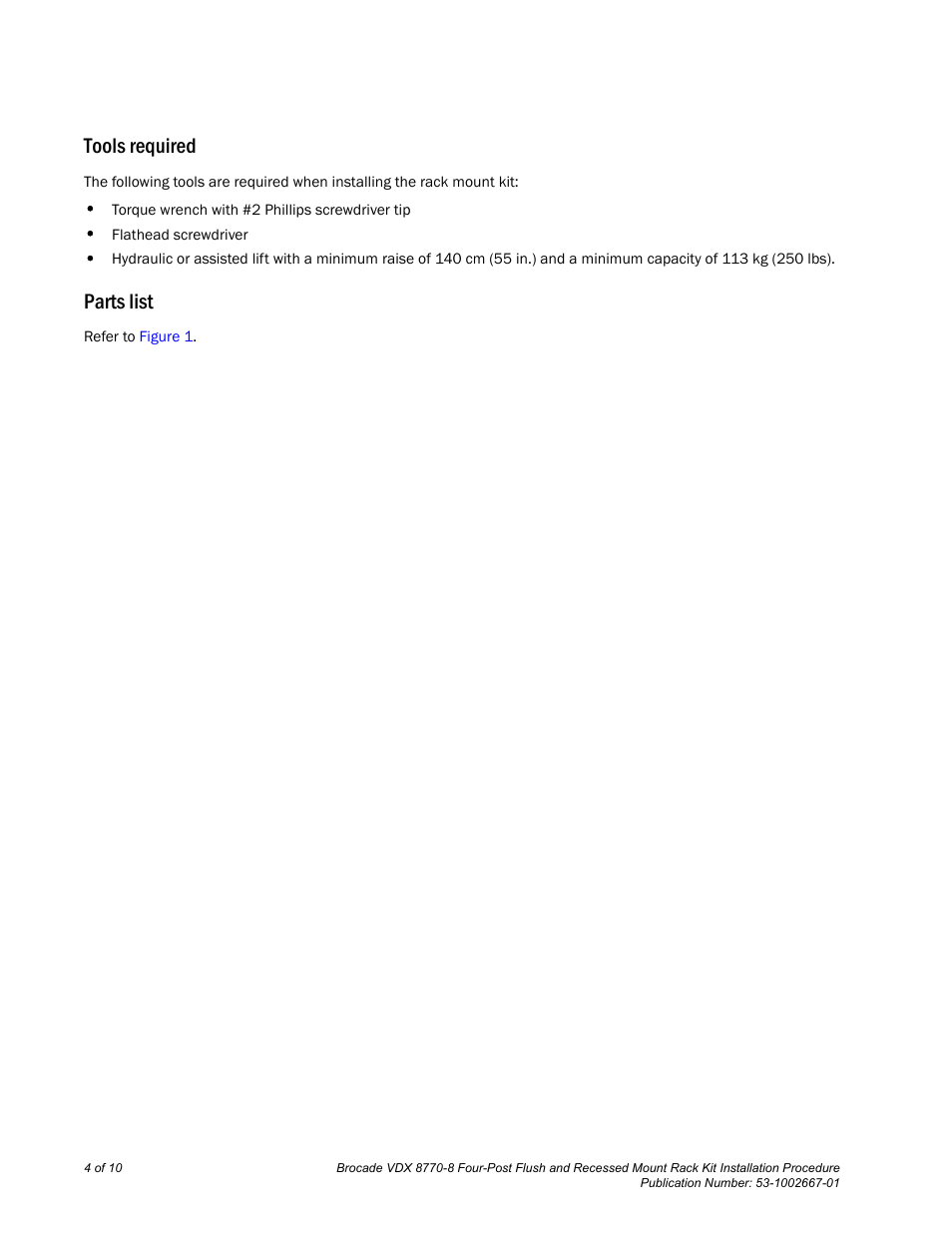 Tools required, Parts list | Brocade VDX 8770-8 Four-Post Flush and Recessed Mount Rack Kit Installation Procedure User Manual | Page 4 / 10