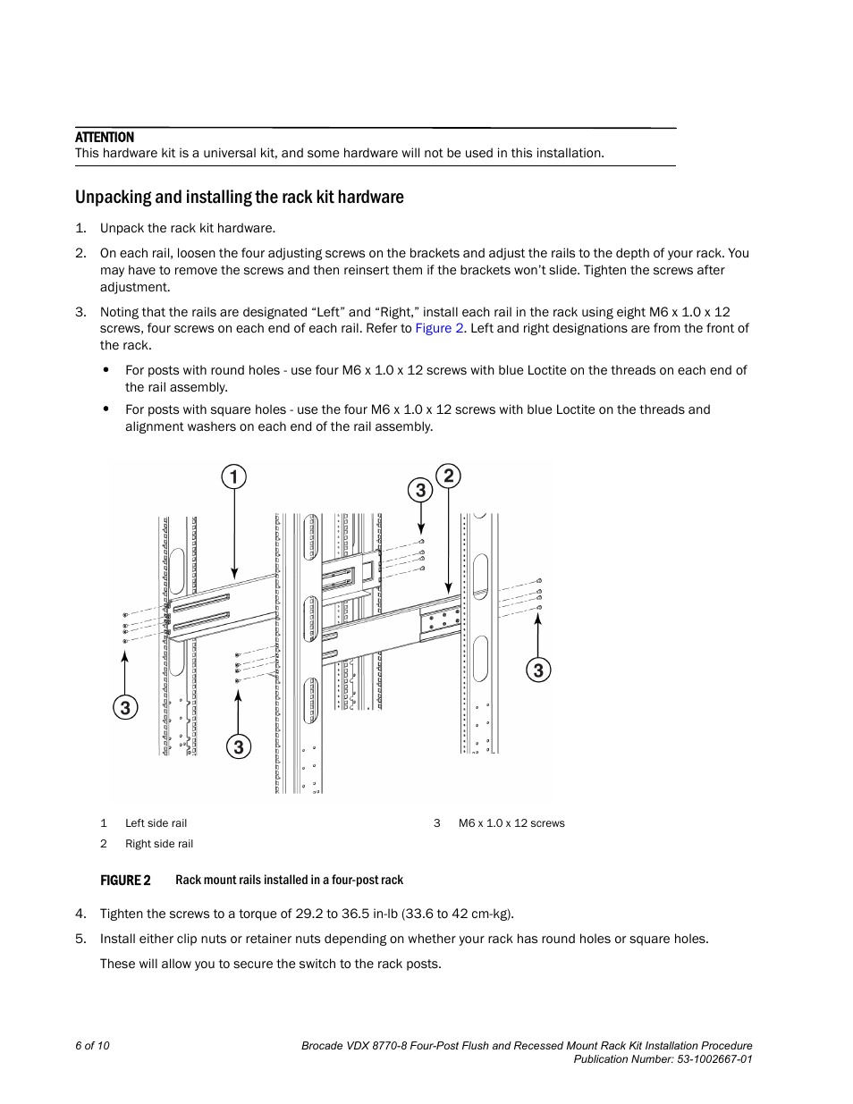 Unpacking and installing the rack kit hardware | Brocade VDX 8770-8 Four-Post Flush and Recessed Mount Rack Kit Installation Procedure User Manual | Page 6 / 10