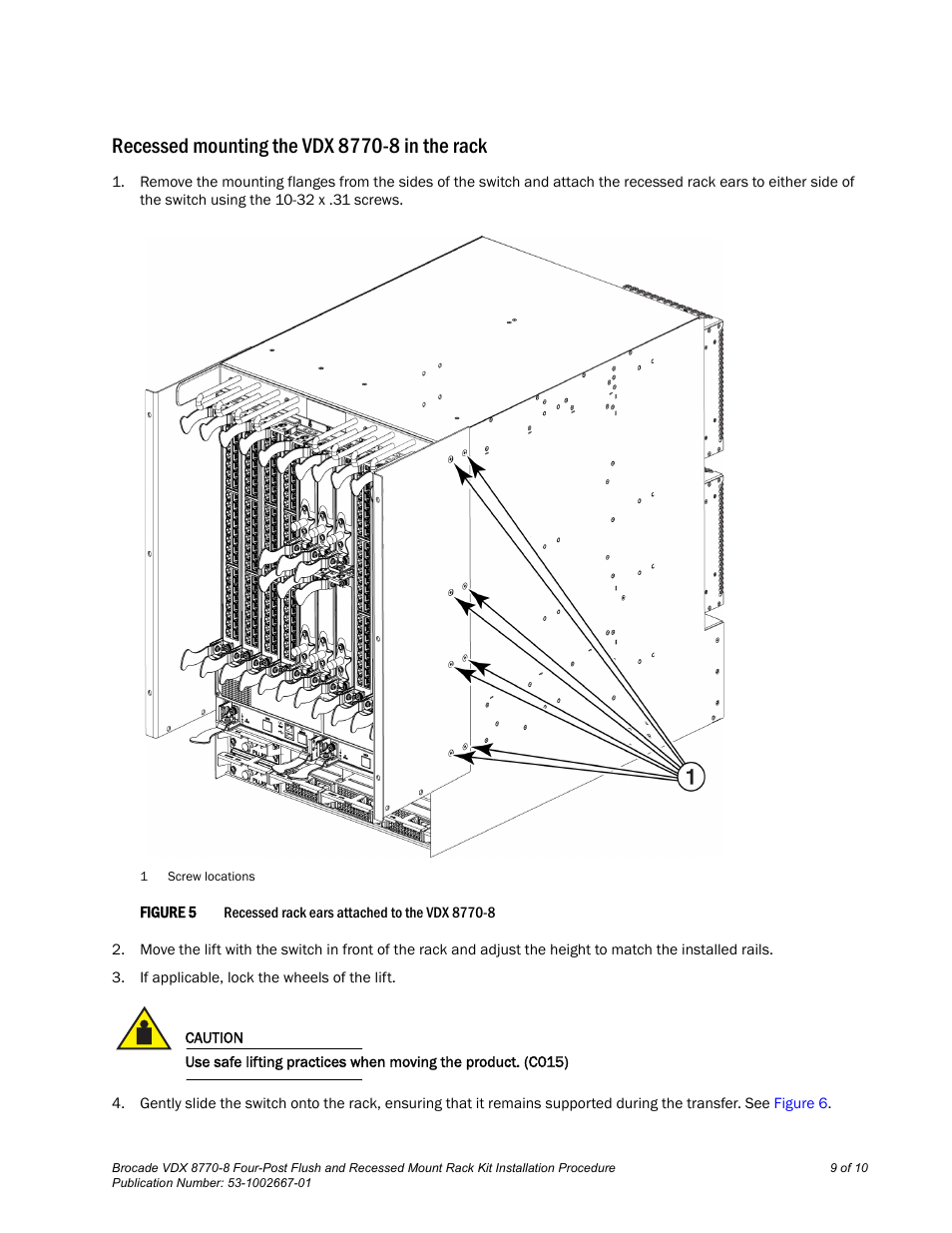 Recessed mounting the vdx 8770-8 in the rack, Recessed mounting the vdx 8770-8 in the, Rack | Brocade VDX 8770-8 Four-Post Flush and Recessed Mount Rack Kit Installation Procedure User Manual | Page 9 / 10