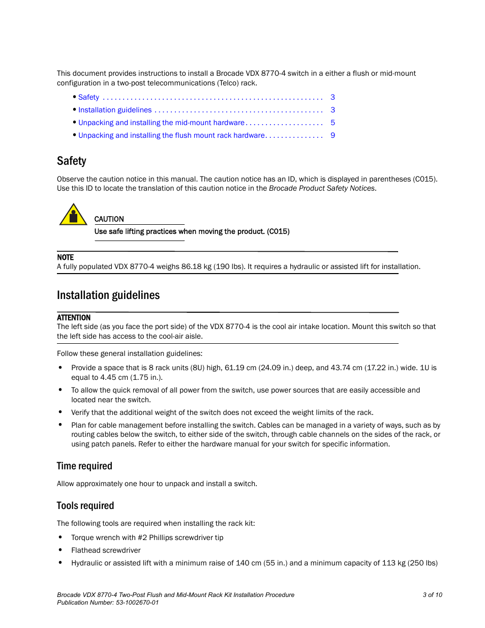 Safety, Installation guidelines, Time required | Tools required | Brocade VDX 8770-4 Two-Post Flush and Mid-Mount Rack Kit Installation Procedure User Manual | Page 3 / 10