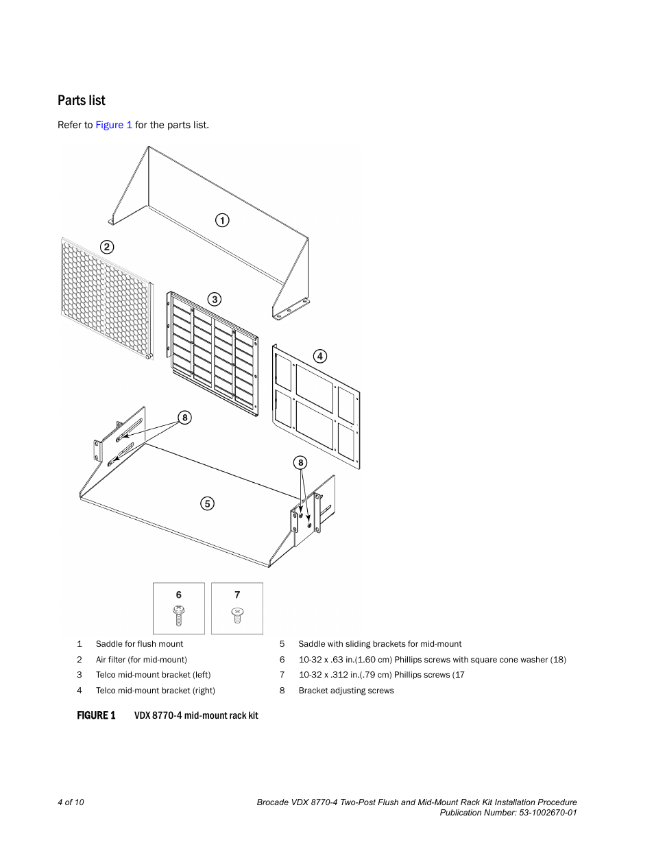 Parts list | Brocade VDX 8770-4 Two-Post Flush and Mid-Mount Rack Kit Installation Procedure User Manual | Page 4 / 10