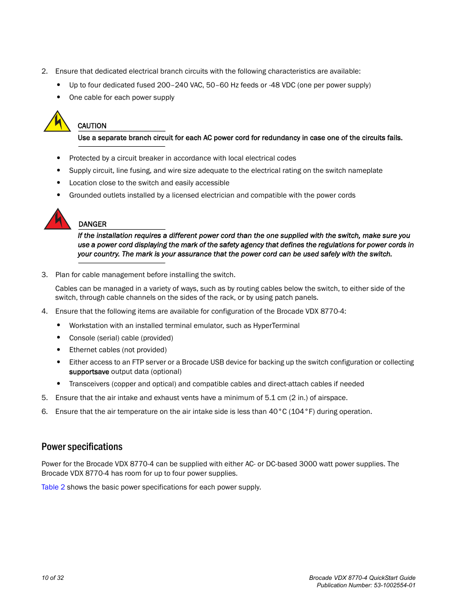 Power specifications | Brocade VDX 8770-4 QuickStart Guide User Manual | Page 10 / 32