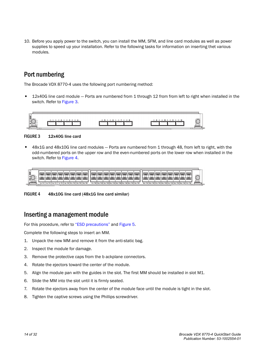 Port numbering, Inserting a management module | Brocade VDX 8770-4 QuickStart Guide User Manual | Page 14 / 32