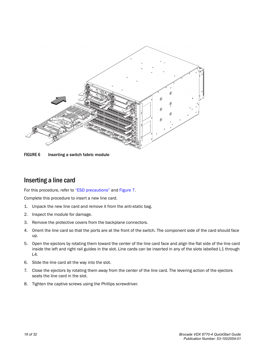 Inserting a line card, Figure 6 | Brocade VDX 8770-4 QuickStart Guide User Manual | Page 16 / 32