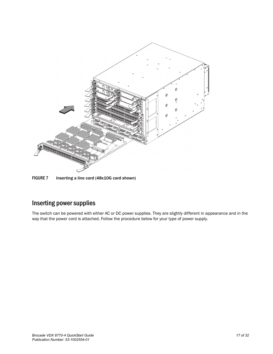 Inserting power supplies, Figure 7 | Brocade VDX 8770-4 QuickStart Guide User Manual | Page 17 / 32