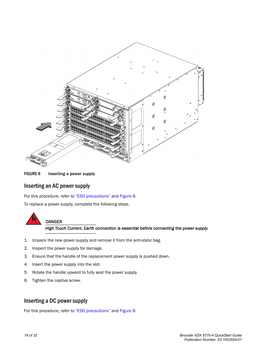 Inserting an ac power supply, Inserting a dc power supply | Brocade VDX 8770-4 QuickStart Guide User Manual | Page 18 / 32