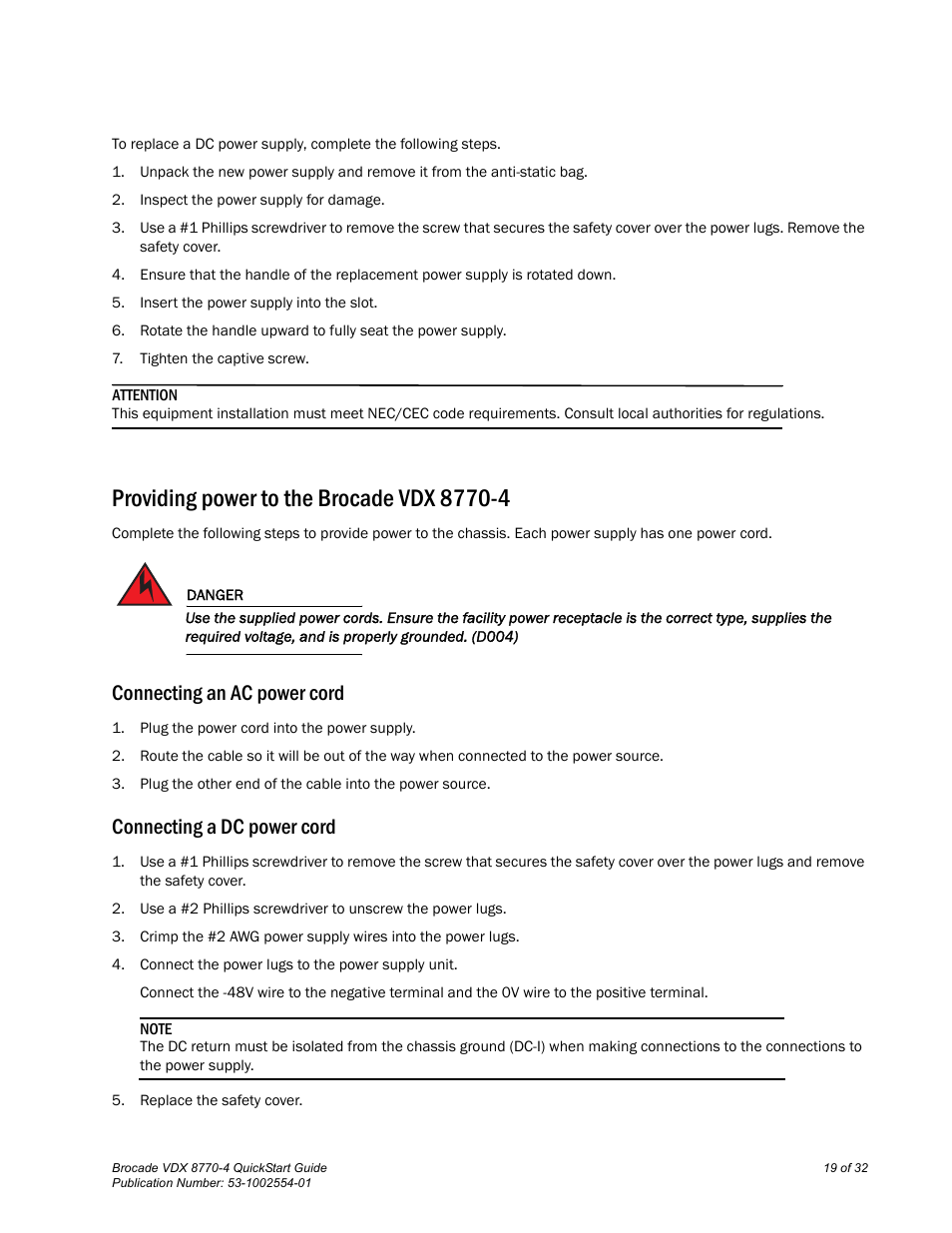 Providing power to the brocade vdx 8770-4, Connecting an ac power cord, Connecting a dc power cord | Brocade VDX 8770-4 QuickStart Guide User Manual | Page 19 / 32