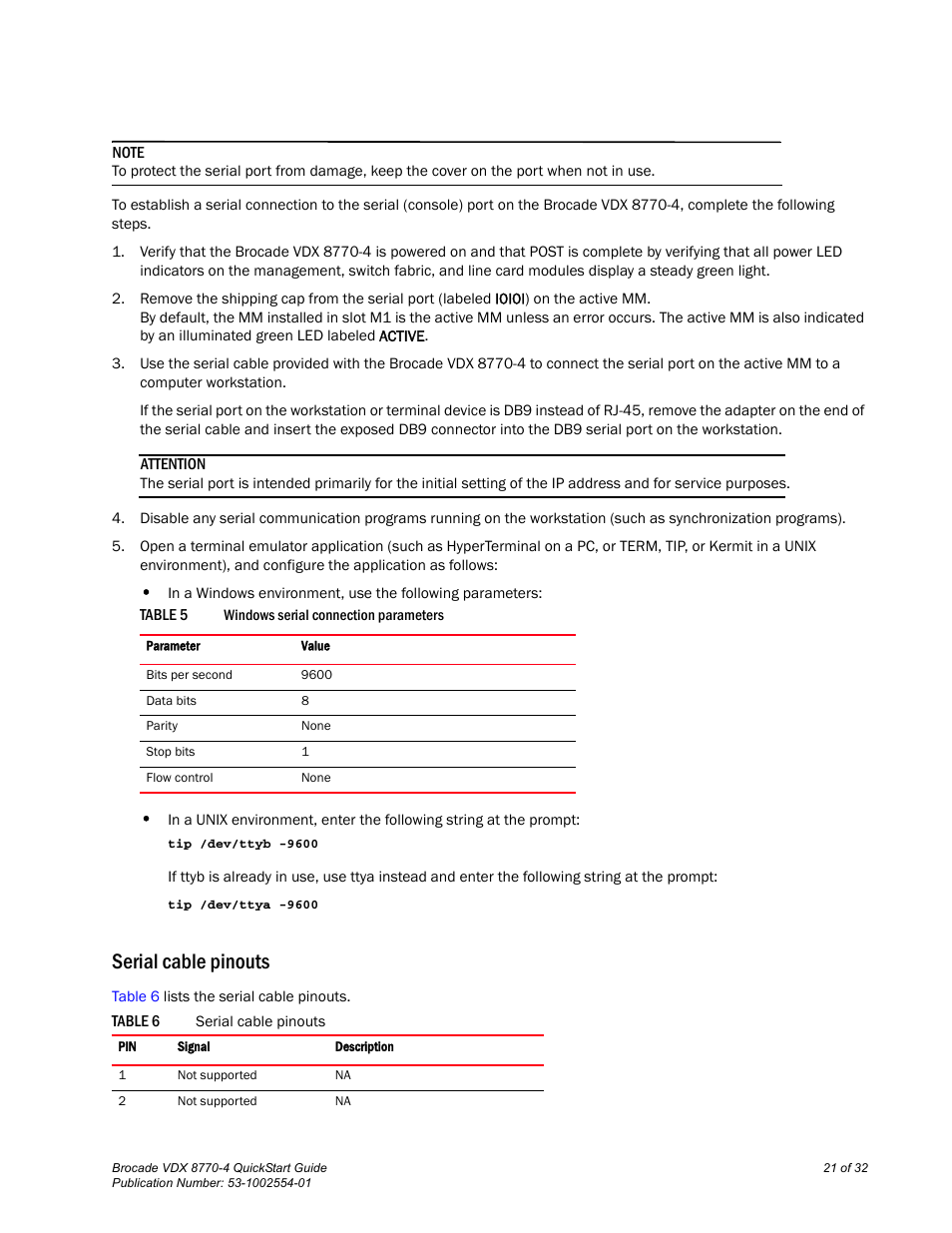 Serial cable pinouts | Brocade VDX 8770-4 QuickStart Guide User Manual | Page 21 / 32