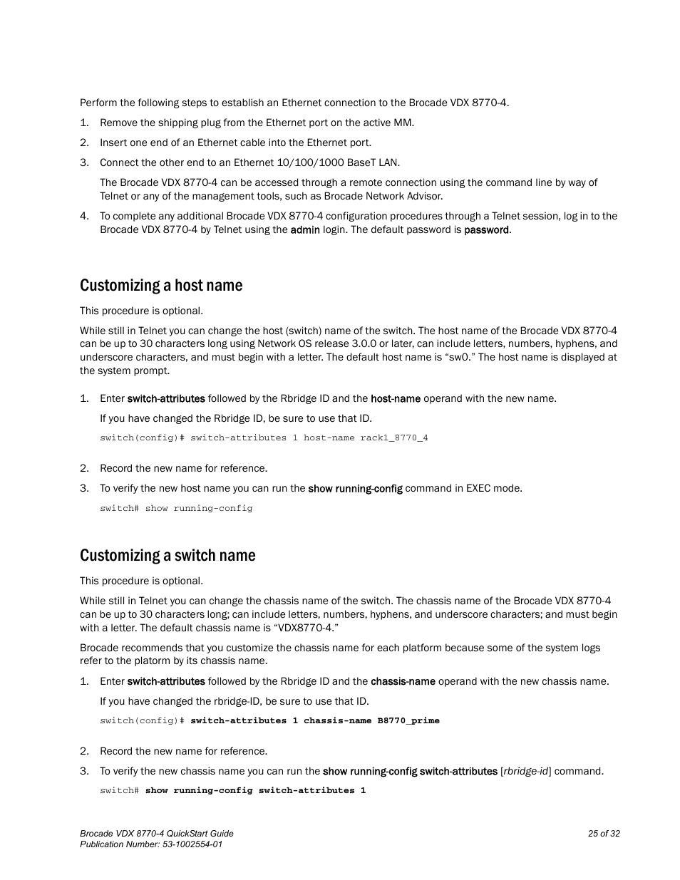 Customizing a host name, Customizing a switch name | Brocade VDX 8770-4 QuickStart Guide User Manual | Page 25 / 32