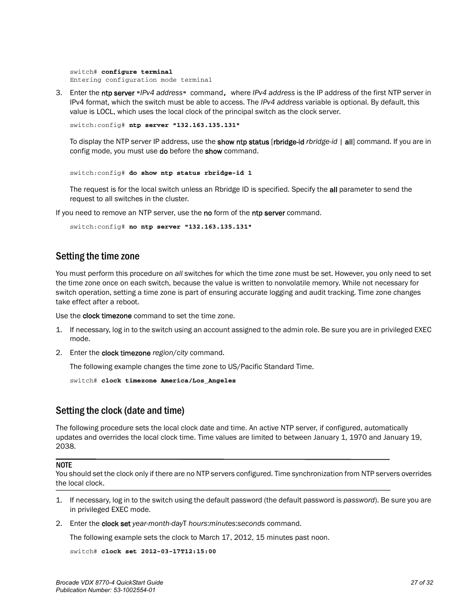 Setting the time zone, Setting the clock (date and time) | Brocade VDX 8770-4 QuickStart Guide User Manual | Page 27 / 32