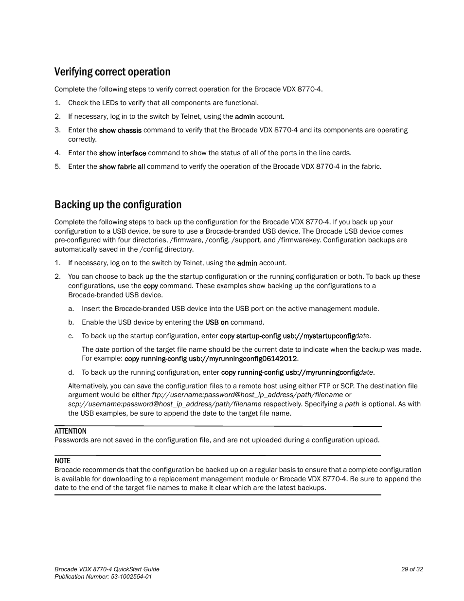 Verifying correct operation, Backing up the configuration | Brocade VDX 8770-4 QuickStart Guide User Manual | Page 29 / 32