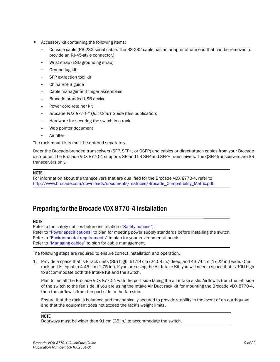 Preparing for the brocade vdx 8770-4 installation | Brocade VDX 8770-4 QuickStart Guide User Manual | Page 9 / 32